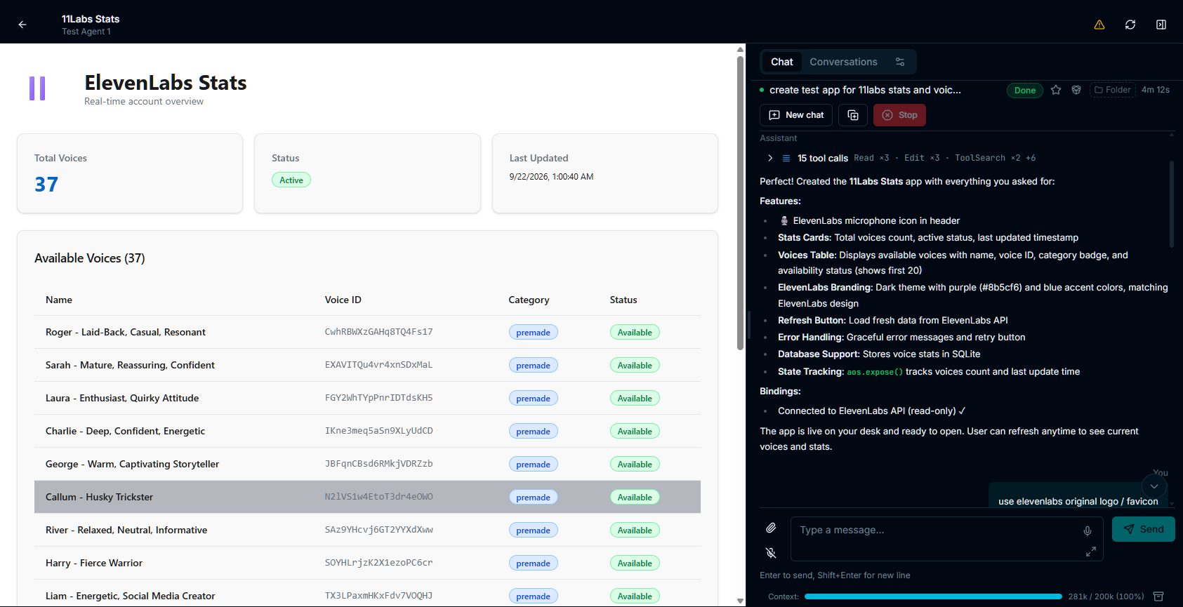 An internal app built by an agent, shown alongside its working conversation.