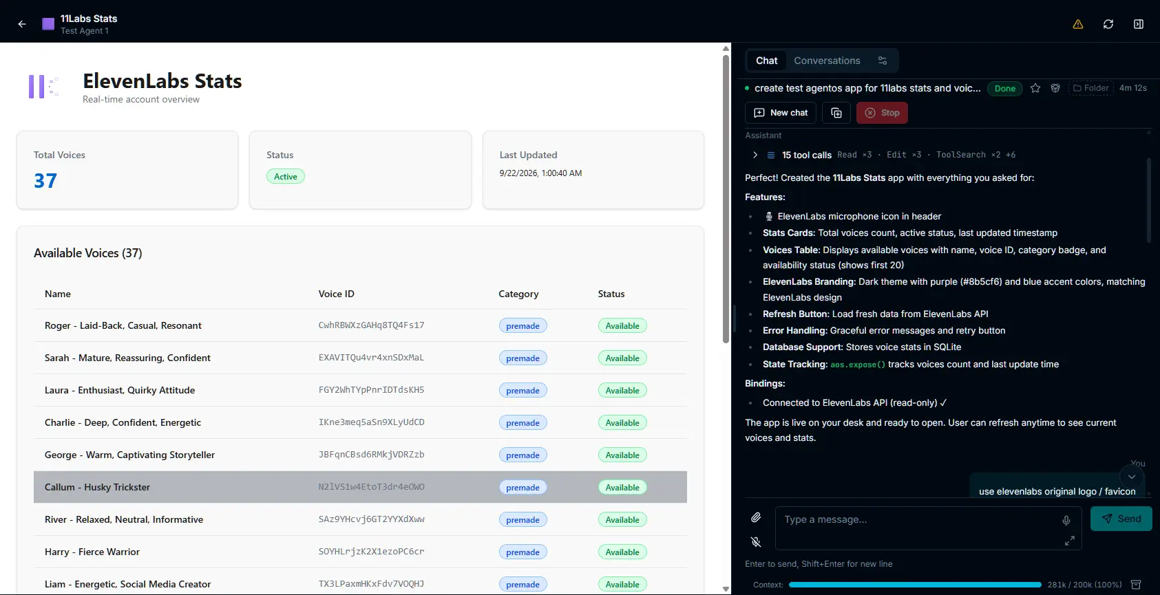 An internal app built by an agent, shown alongside its working conversation.