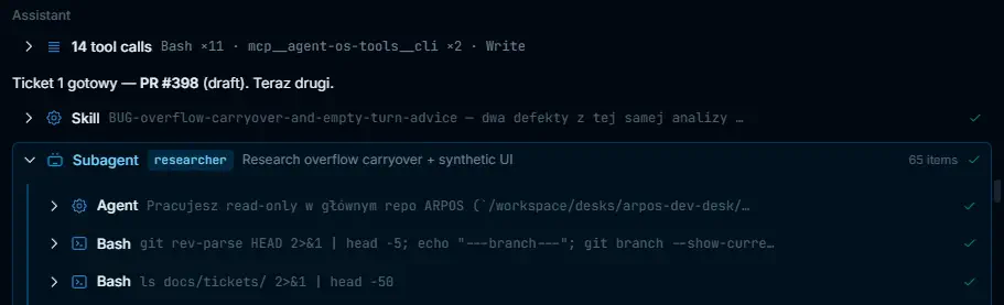 An ARPOS agent session showing the current task, tool activity and delegated work in one view.